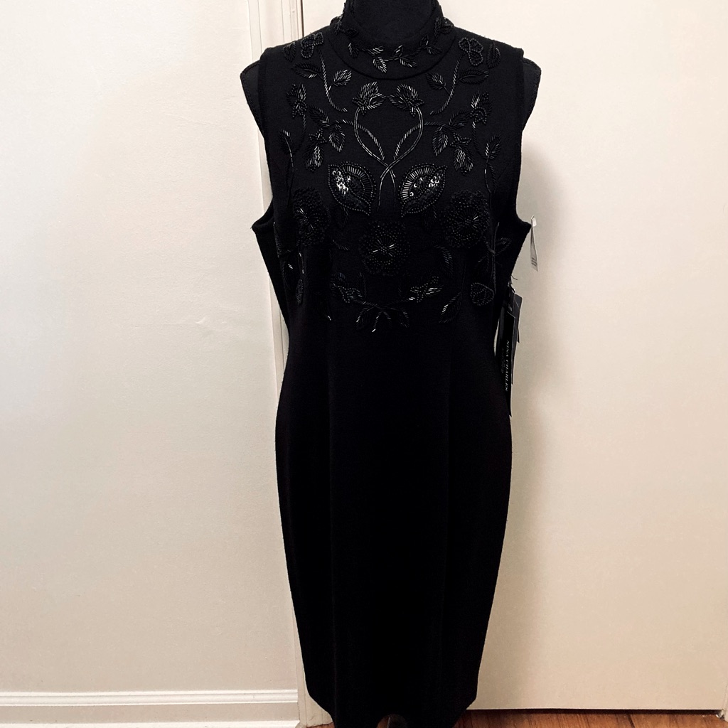 Nina Charles For Kasper Asl Black Dress Wool Blend Beaded Bodycon Sz L